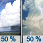 Tuesday: A 50 percent chance of showers and thunderstorms after 11am.  Mostly sunny, with a high near 50. Southwest wind 5 to 8 mph.  New rainfall amounts between a tenth and quarter of an inch, except higher amounts possible in thunderstorms. 