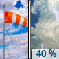 Friday: A 40 percent chance of showers and thunderstorms after 1pm.  Mostly cloudy, with a high near 83. Windy, with a south wind 20 to 25 mph, with gusts as high as 40 mph. 