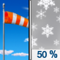 Sunday: A 50 percent chance of snow showers after noon.  Mostly sunny, with a high near 39. Breezy. 