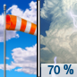 Saturday: Showers likely and possibly a thunderstorm between 1pm and 4pm, then showers and thunderstorms likely after 4pm.  Mostly sunny, with a high near 81. Breezy.  Chance of precipitation is 70%.