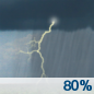 This Afternoon: Showers and possibly a thunderstorm.  High near 73. Southeast wind 5 to 10 mph.  Chance of precipitation is 80%. New rainfall amounts between a tenth and quarter of an inch, except higher amounts possible in thunderstorms. 