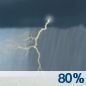 Today: Showers and possibly a thunderstorm before 1pm, then a chance of showers and thunderstorms after 1pm.  High near 72. Southeast wind 10 to 20 mph, with gusts as high as 25 mph.  Chance of precipitation is 80%. New rainfall amounts between three quarters and one inch possible. 