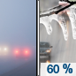 Tuesday: A chance of freezing rain before 2pm, then a chance of rain or freezing rain between 2pm and 3pm, then rain likely after 3pm.  Patchy fog between 8am and 11am.  Otherwise, mostly cloudy, with a high near 36. Windy, with a west wind 8 to 13 mph becoming southwest 16 to 21 mph in the afternoon. Winds could gust as high as 31 mph.  Chance of precipitation is 60%. New ice accumulation of less than a 0.1 of an inch possible. 