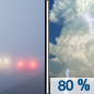 Today: A slight chance of showers and thunderstorms before 4pm, then showers and possibly a thunderstorm after 5pm.  Patchy fog before 10am. High near 80. Calm wind becoming southwest 5 to 8 mph in the afternoon.  Chance of precipitation is 80%. New rainfall amounts of less than a tenth of an inch, except higher amounts possible in thunderstorms. 