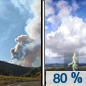 Monday: Showers and thunderstorms, mainly before 5pm.  Areas of smoke before 10am, then areas of smoke after 11am. High near 82. Southeast wind 5 to 8 mph becoming southwest in the morning.  Chance of precipitation is 80%. New rainfall amounts of less than a tenth of an inch, except higher amounts possible in thunderstorms. 