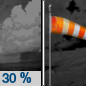 Tonight: A 30 percent chance of showers, mainly before 9pm.  Mostly cloudy, with a low around 55. Breezy, with a southwest wind 22 to 25 mph.  New precipitation amounts of less than a tenth of an inch possible. 