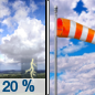 Tuesday: A 20 percent chance of showers and thunderstorms before 9am.  Mostly sunny, with a high near 87. Breezy, with a south wind 15 to 25 mph, with gusts as high as 35 mph. 