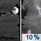 Tonight: A slight chance of showers between 4am and 5am, then a slight chance of showers and thunderstorms after 5am.  Mostly cloudy, with a low around 65. West wind around 5 mph becoming calm  in the evening.  Chance of precipitation is 10%.