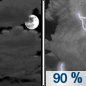 Sunday Night: Showers and possibly a thunderstorm, mainly after 1am. Some of the storms could be severe.  Low around 57. South southeast wind 10 to 15 mph becoming southwest after midnight. Winds could gust as high as 30 mph.  Chance of precipitation is 90%. New rainfall amounts between a quarter and half of an inch possible. 