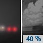 Tonight: A 40 percent chance of showers and thunderstorms after 4am.  Patchy fog.  Otherwise, partly cloudy, with a low around 67. South wind around 5 mph. 