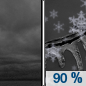 Tonight: Snow before 5am, then snow, possibly mixed with rain and freezing rain.  Low around 31. Northeast wind 6 to 8 mph.  Chance of precipitation is 90%. Little or no ice accumulation expected.  Total nighttime snow accumulation of less than a half inch possible. 