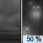Tonight: A 50 percent chance of rain, mainly after 1am.  Cloudy, with a low around 49. Calm wind.  New precipitation amounts of less than a tenth of an inch possible. 