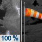 Thursday Night: Showers and thunderstorms before 10pm.  Low around 43. Breezy, with a south southwest wind 20 to 25 mph becoming west 10 to 15 mph after midnight. Winds could gust as high as 35 mph.  Chance of precipitation is 100%. New precipitation amounts between a tenth and quarter of an inch, except higher amounts possible in thunderstorms. 