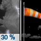 Sunday Night: A 30 percent chance of showers and thunderstorms before midnight.  Partly cloudy, with a low around 65. Breezy, with a south wind 20 to 25 mph, with gusts as high as 35 mph. 