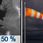 Wednesday Night: A chance of showers and thunderstorms before 10pm, then a slight chance of showers between 10pm and 11pm.  Mostly cloudy, with a low around 54. Breezy, with a northwest wind 14 to 17 mph, with gusts as high as 25 mph.  Chance of precipitation is 50%. New precipitation amounts of less than a tenth of an inch, except higher amounts possible in thunderstorms. 