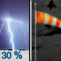 Tuesday Night: A 30 percent chance of showers and thunderstorms before midnight.  Mostly cloudy, with a low around 63. Breezy, with a south wind 15 to 25 mph, with gusts as high as 40 mph.  New precipitation amounts of less than a tenth of an inch, except higher amounts possible in thunderstorms. 