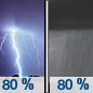 Saturday Night: Showers and thunderstorms likely before 8pm, then showers and possibly a thunderstorm between 8pm and 2am, then showers likely after 2am.  Low around 74. Chance of precipitation is 80%.