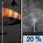 Monday Night: A slight chance of showers and thunderstorms between midnight and 3am, then a slight chance of showers after 3am.  Mostly cloudy, with a low around 49. Breezy, with a south southwest wind 15 to 20 mph becoming west northwest 10 to 15 mph after midnight. Winds could gust as high as 35 mph.  Chance of precipitation is 20%.