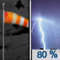 Tonight: Rain and thunderstorms likely, then rain and possibly a thunderstorm after 4am.  Low around 56. Breezy, with a south wind 16 to 20 mph, with gusts as high as 30 mph.  Chance of precipitation is 80%.