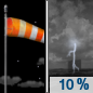 Tonight: A 10 percent chance of showers and thunderstorms after 3am.  Mostly clear, with a low around 73. Breezy, with a south wind around 18 mph, with gusts as high as 28 mph. 