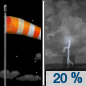 Tonight: Isolated showers and thunderstorms before 7pm, then a slight chance of showers and thunderstorms after midnight.  Partly cloudy, with a low around 54. Windy, with a west wind 25 to 35 mph, with gusts as high as 45 mph.  Chance of precipitation is 20%.