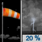 Friday Night: A 20 percent chance of showers and thunderstorms after 1am.  Mostly clear, with a low around 60. Breezy, with a south wind around 20 mph, with gusts as high as 25 mph. 