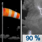 Tonight: Showers and thunderstorms likely, then showers and possibly a thunderstorm after 3am. Some of the storms could be severe.  Patchy fog after 4am. Low around 65. Breezy, with a southeast wind 10 to 15 mph, with gusts as high as 30 mph.  Chance of precipitation is 90%. New rainfall amounts between a quarter and half of an inch possible. 