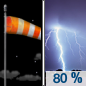 Tonight: Showers and thunderstorms likely, then showers and possibly a thunderstorm after 3am. Some of the storms could be severe.  Low around 67. Breezy, with a southeast wind around 15 mph, with gusts as high as 25 mph.  Chance of precipitation is 80%. New rainfall amounts between a quarter and half of an inch possible. 