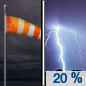 Friday Night: Isolated showers and thunderstorms after midnight.  Cloudy, with a low around 73. Breezy, with an east northeast wind around 16 mph, with gusts as high as 22 mph.  Chance of precipitation is 20%.