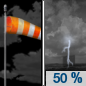 Thursday Night: A 50 percent chance of showers and thunderstorms after 1am.  Partly cloudy, with a low around 58. Breezy, with a south wind 13 to 20 mph, with gusts as high as 28 mph. 