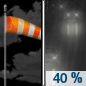 Tonight: A 40 percent chance of rain, mainly after 2am.  Increasing clouds, with a low around 42. Breezy, with a west southwest wind 14 to 22 mph, with gusts as high as 32 mph. 