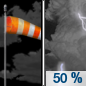 Tonight: A 50 percent chance of showers and thunderstorms, mainly after 2am.  Partly cloudy, with a low around 72. Breezy, with a south wind 13 to 16 mph, with gusts as high as 28 mph.  New rainfall amounts of less than a tenth of an inch, except higher amounts possible in thunderstorms. 