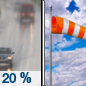 Saturday: A 20 percent chance of rain before noon.  Partly sunny, with a high near 58. Breezy, with a south southwest wind 17 to 22 mph, with gusts as high as 31 mph. 