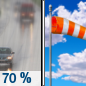 Columbus Day: Rain likely, mainly before 8am.  Cloudy through mid morning, then gradual clearing, with a high near 56. Windy, with a northeast wind 22 to 30 mph, with gusts as high as 48 mph.  Chance of precipitation is 70%. New precipitation amounts of less than a tenth of an inch possible. 