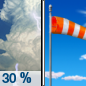 Tuesday: A 30 percent chance of showers and thunderstorms before 7am.  Mostly cloudy, then gradually becoming sunny, with a high near 94. Breezy, with a south southeast wind 13 to 21 mph becoming east in the morning. Winds could gust as high as 31 mph. 