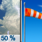 Wednesday: A 50 percent chance of showers and thunderstorms, mainly before 9am.  Mostly cloudy through mid morning, then gradual clearing, with a high near 87. Windy, with a southwest wind 11 to 16 mph becoming west northwest 17 to 22 mph in the afternoon. Winds could gust as high as 32 mph.  New precipitation amounts of less than a tenth of an inch, except higher amounts possible in thunderstorms. 