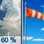 Friday: Showers and thunderstorms likely, mainly before 7am.  Mostly sunny and hot, with a high near 93. Heat index values as high as 105. Breezy, with a south wind 15 to 20 mph, with gusts as high as 30 mph.  Chance of precipitation is 60%. New precipitation amounts of less than a tenth of an inch, except higher amounts possible in thunderstorms. 