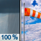 Friday: Showers and possibly a thunderstorm before 10am, then scattered showers and thunderstorms between 10am and noon.  High near 88. Breezy, with a south wind 10 to 16 mph, with gusts as high as 25 mph.  Chance of precipitation is 100%. New precipitation amounts between a quarter and half of an inch possible. 