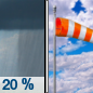 Thursday: Isolated showers before noon.  Partly sunny, with a high near 85. Breezy, with an east wind 14 to 16 mph, with gusts as high as 23 mph.  Chance of precipitation is 20%.