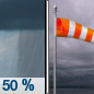 Today: A 50 percent chance of showers before noon.  Cloudy, with a high near 57. Breezy, with a southeast wind 15 to 20 mph, with gusts as high as 25 mph. 