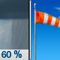 Sunday: Showers likely before 7am.  Cloudy through mid morning, then gradual clearing, with a high near 61. Breezy, with a northwest wind 20 to 25 mph, with gusts as high as 35 mph.  Chance of precipitation is 60%.