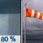 Friday: Showers before 10am, then a slight chance of rain between 10am and 11am.  High near 64. Breezy, with a south wind 15 to 22 mph becoming west in the afternoon. Winds could gust as high as 34 mph.  Chance of precipitation is 80%. New precipitation amounts of less than a tenth of an inch possible. 