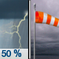 Saturday: A 50 percent chance of showers and thunderstorms, mainly before 9am.  Cloudy, with a temperature falling to around 42 by 5pm. Breezy, with a southwest wind 15 to 20 mph becoming west northwest in the afternoon. Winds could gust as high as 30 mph. 