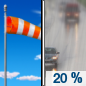 Monday: A 20 percent chance of rain after noon.  Sunny, with a high near 68. Breezy, with a west southwest wind 17 to 22 mph, with gusts as high as 31 mph. 