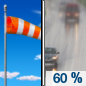 Friday: Rain likely after noon.  Sunny during the morning, then mostly cloudy during the afternoon, with a high near 50. Breezy, with a west northwest wind 14 to 22 mph, with gusts as high as 31 mph.  Chance of precipitation is 60%.