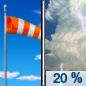 Saturday: A 20 percent chance of showers and thunderstorms after noon.  Mostly sunny, with a high near 65. Breezy, with a west wind 13 to 18 mph decreasing to 7 to 12 mph in the afternoon. Winds could gust as high as 26 mph. 