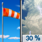 Saturday: A 30 percent chance of showers and thunderstorms after noon.  Mostly sunny, with a high near 59. Breezy, with a south southwest wind 10 to 15 mph increasing to 20 to 25 mph in the afternoon. 