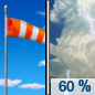 Monday: Showers and thunderstorms likely after 1pm.  Increasing clouds, with a high near 91. Breezy, with a southwest wind 14 to 16 mph, with gusts as high as 25 mph.  Chance of precipitation is 60%. New rainfall amounts between a quarter and half of an inch possible. 