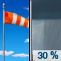 Today: Scattered showers, mainly after 5pm.  Increasing clouds, with a high near 67. Breezy, with a west wind 15 to 20 mph, with gusts as high as 30 mph.  Chance of precipitation is 30%.