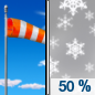 Sunday: A 50 percent chance of snow showers after noon. Some thunder is also possible.  Increasing clouds, with a high near 45. Breezy, with a west wind 15 to 20 mph decreasing to 10 to 15 mph in the afternoon.  New snow accumulation of less than a half inch possible. 